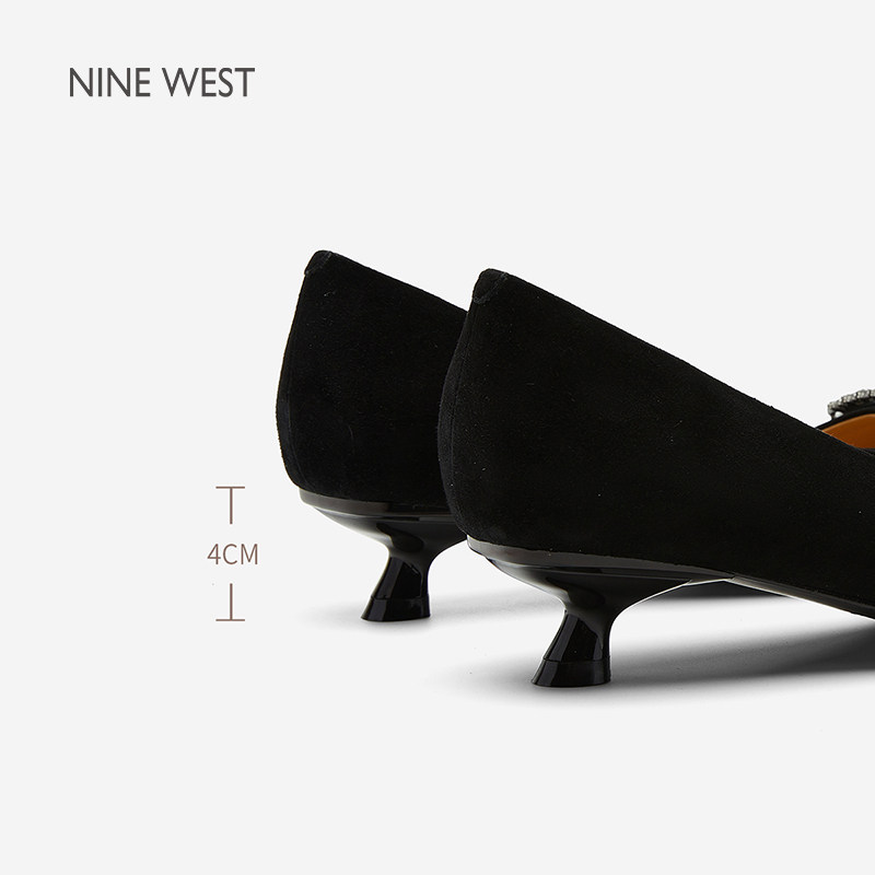 奥莱专供Nine West/玖熙2026年春中跟单鞋女尖头晶钻绒面猫跟女鞋