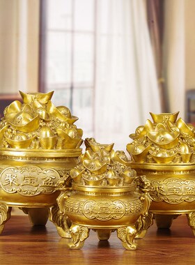 速发黄铜聚宝盆摆件金蟾招财客厅办公室店铺工财存聚罐铜钱艺品