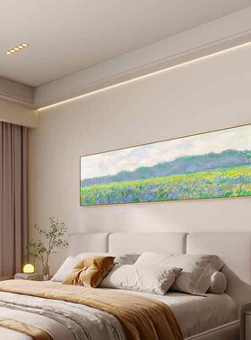莫奈油画名画新款卧室装饰画房间主卧床头挂画横板客厅背景墙壁画