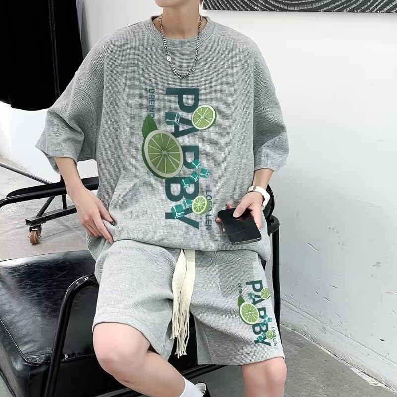 特大码300斤港风华夫格男短袖T恤短裤两件套夏季搭配帅气潮牌套装,淘宝优惠券,粉丝福利购,淘宝优惠卷