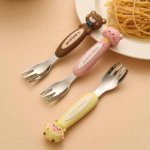 卡通316不锈钢辅食叉可爱学吃饭短勺叉宝宝儿童餐具自主进食训练 - 图2