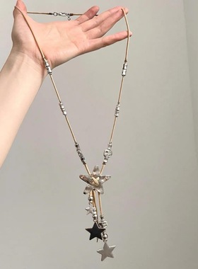 银色复古做旧编绳星星流苏项链
