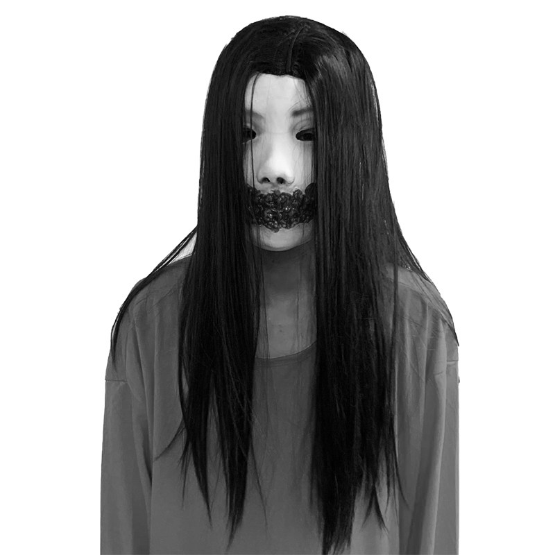 恐怖面具裂纹鬼剧本杀万圣节舞会装扮演出烂脸长发女鬼密室逃脱