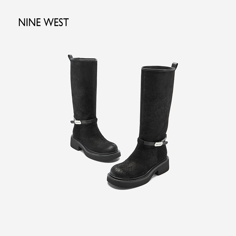 Nine West/玖熙冬季清仓骑士靴女黑色百搭圆头高跟长筒靴百搭女鞋 - 图3