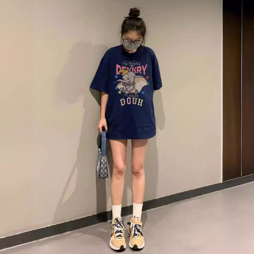 NFV韩版宽松慵懒风卡通印花短袖T恤女藏青色显白夏季上衣 - 图0