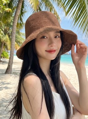 日系手工编织遮阳帽春夏季出游薄款透气草帽子女款海边度假渔夫帽