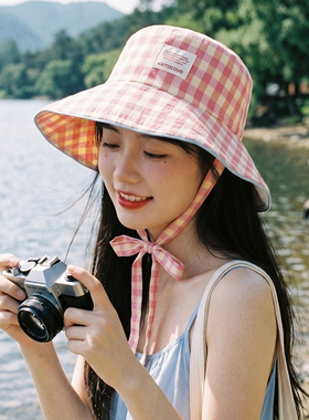 甜美碎花黄色渔夫帽女夏季户外薄款透气遮阳防晒帽大帽檐太阳帽子