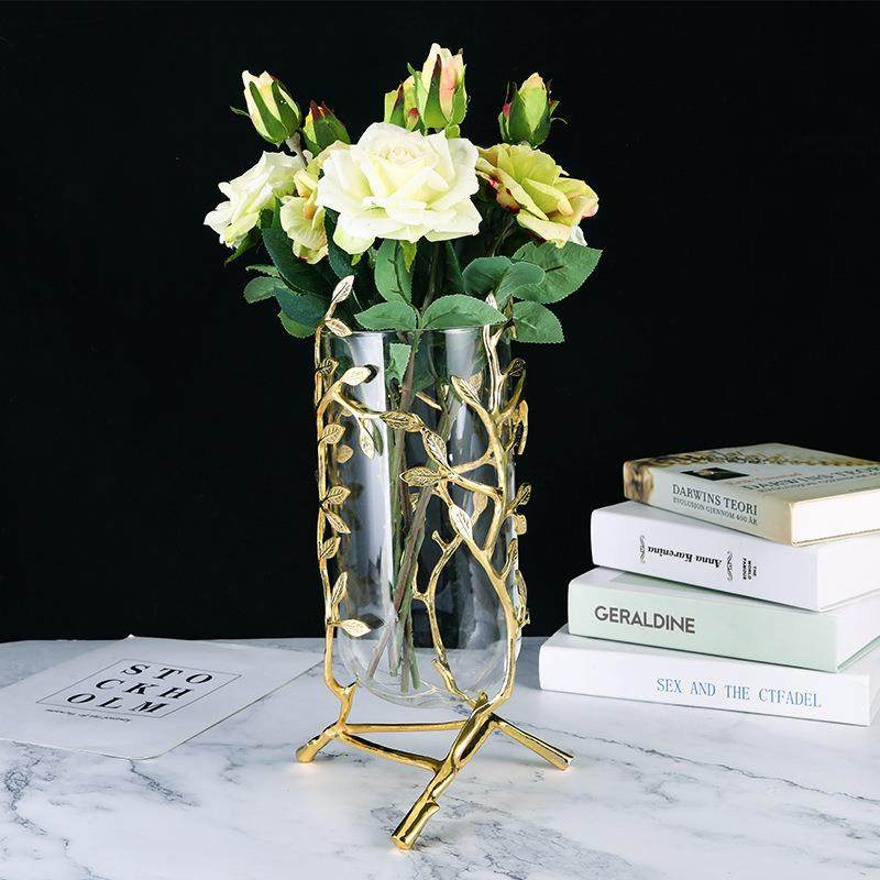 轻奢金属花枝玻璃花瓶 插花水培摆件 家居客厅餐厅酒店软装饰品,淘宝优惠券,粉丝福利购,淘宝优惠卷
