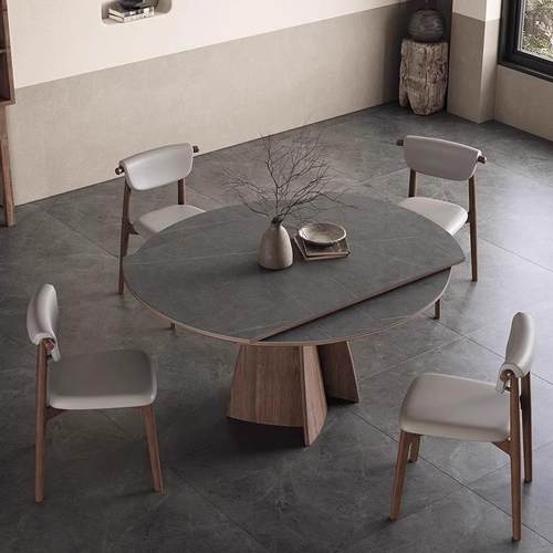 伸缩岩板餐桌2024新款轻奢高端哑光现代简约意式极简圆形实木餐桌 - 图1