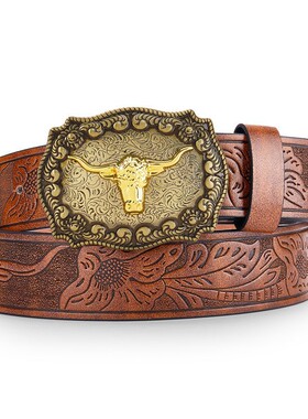 Denim belt cow head large plate buckle trendy 牛仔皮带牛头