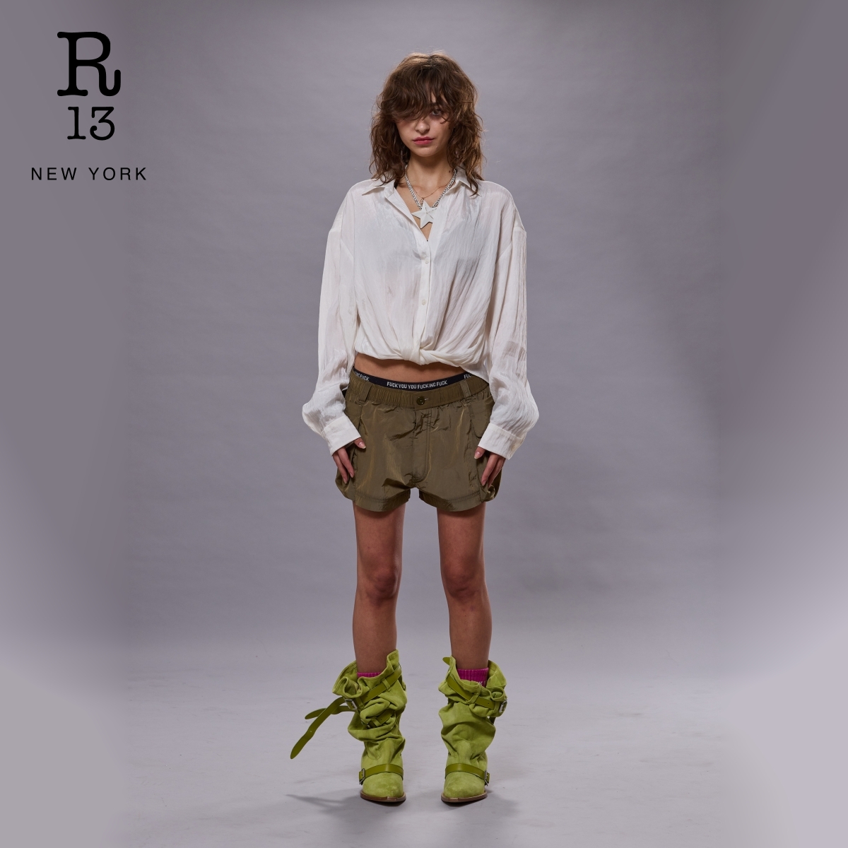 R13 2025春夏新品 莱赛尔混纺长袖衬衣扭结下摆简约轻薄休闲衬衫 - 图0