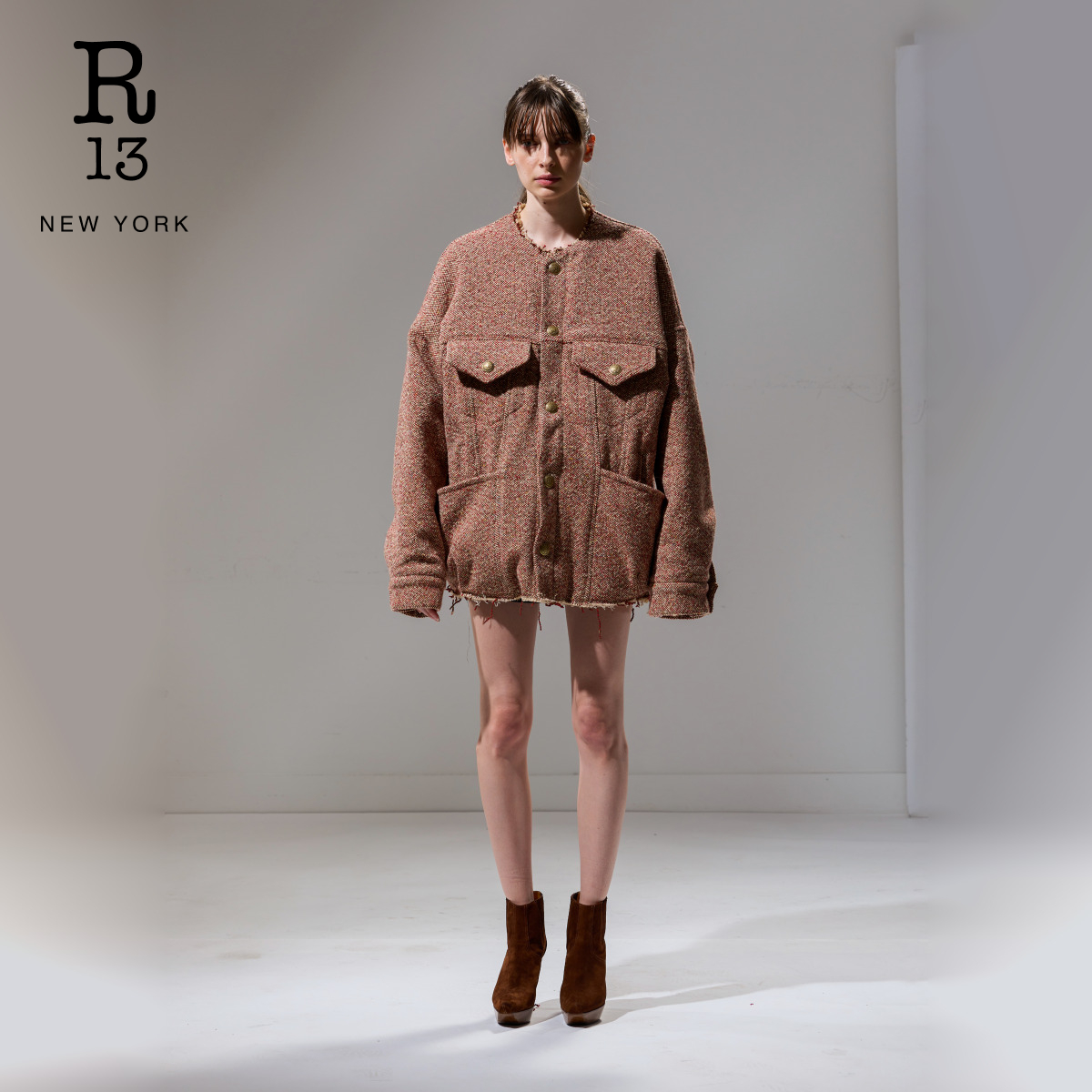 R13 2025秋冬新品 宽松廓形休闲松弛感粗花呢夹克外套 - 图0