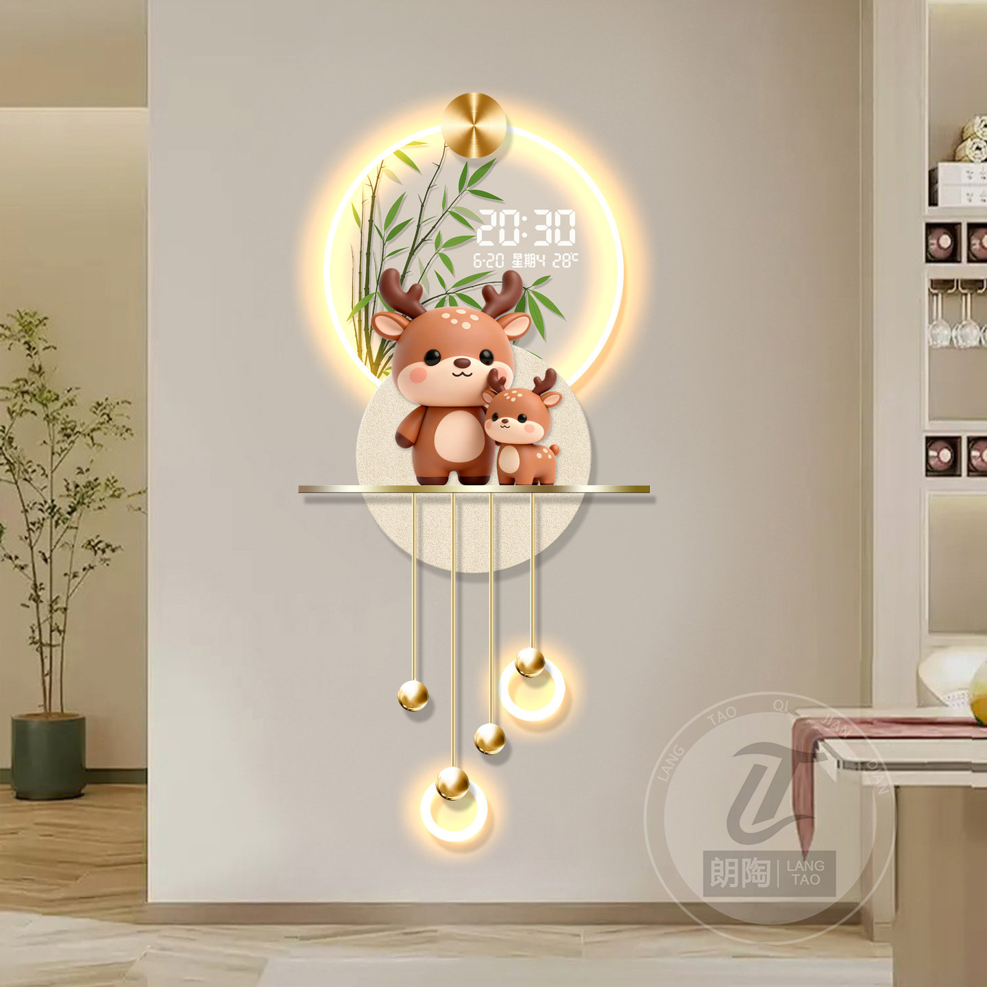 奶油风入户玄关装饰画高级感LED氛围感灯饰电子时钟万年历发光画,淘宝优惠券,粉丝福利购,淘宝优惠卷