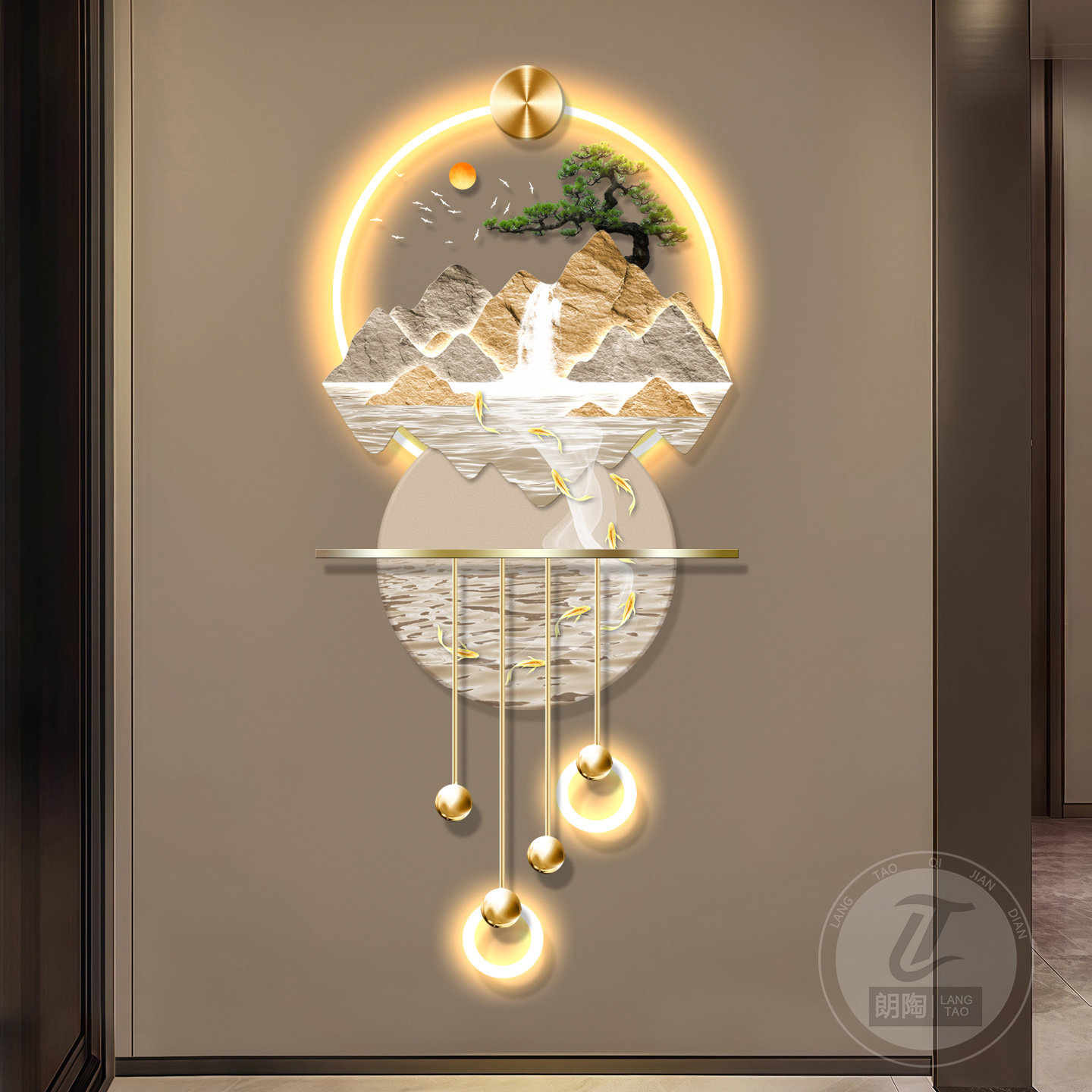 流水生财九鱼图玄关装饰画客厅电视格栅装饰挂件背景墙发光灯画,淘宝优惠券,粉丝福利购,淘宝优惠卷