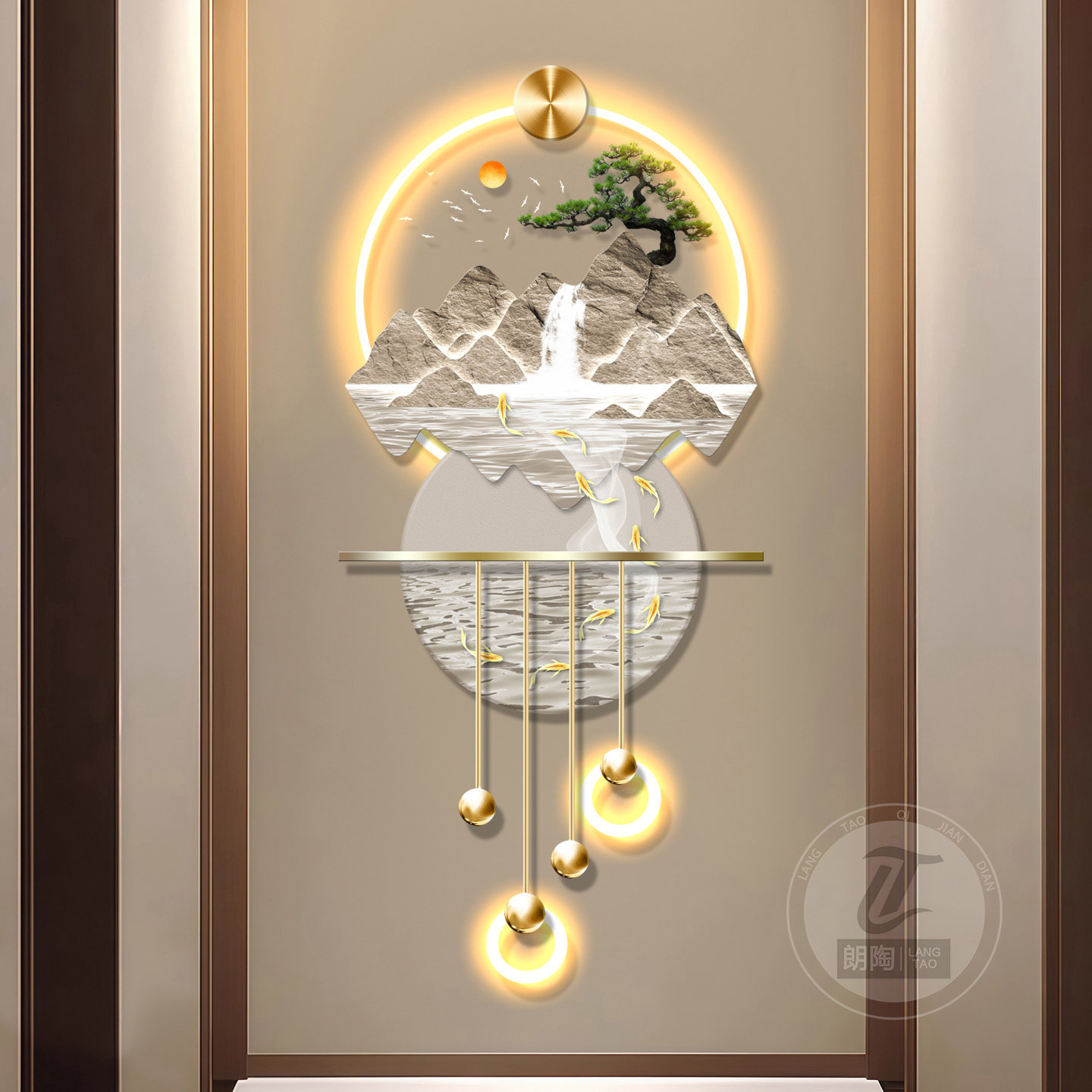 流水生财九鱼图玄关装饰画客厅电视格栅装饰挂件背景墙发光灯画,淘宝优惠券,粉丝福利购,淘宝优惠卷