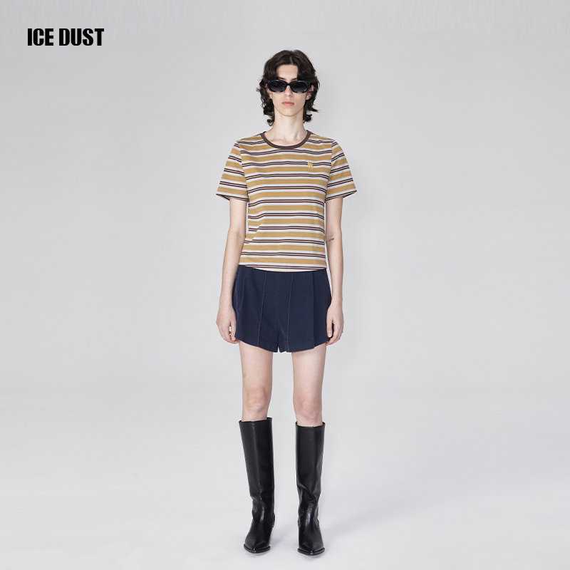 ICEDUST 24春夏新款刺绣Logo复古条纹拼接设计宽松短款短袖T恤女-图1