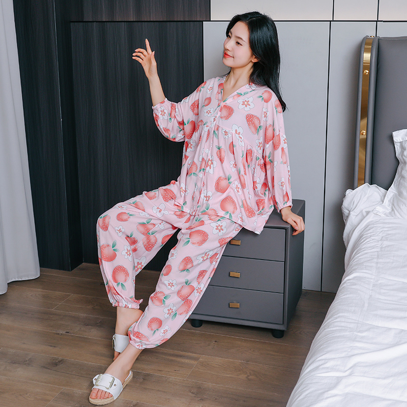 夏天七分袖女士大码绵绸空调套装春秋人造棉家居服夏季棉绸睡衣