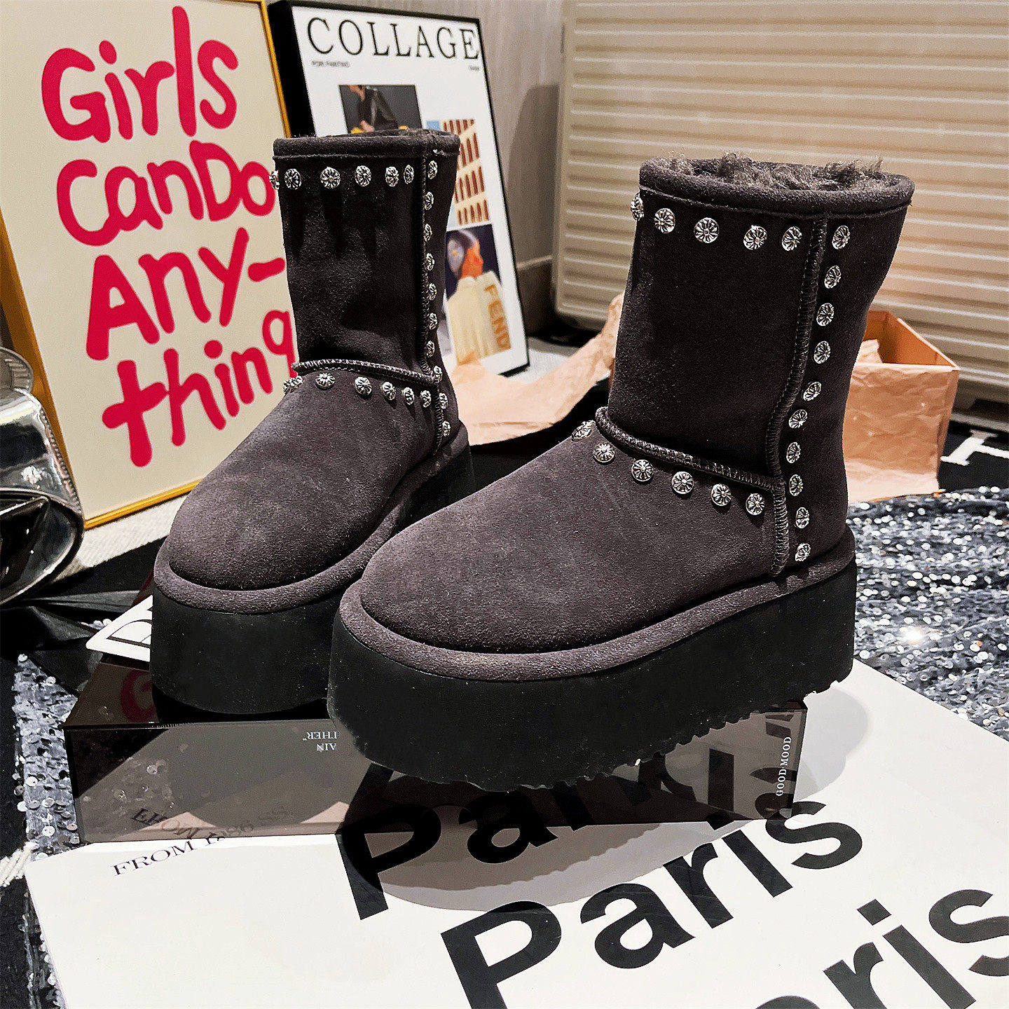 小众款复古水钻毛毛鞋翻领两穿小个子冬季雪地棉靴厚底勃肯靴女鞋,淘宝优惠券,粉丝福利购,淘宝优惠卷