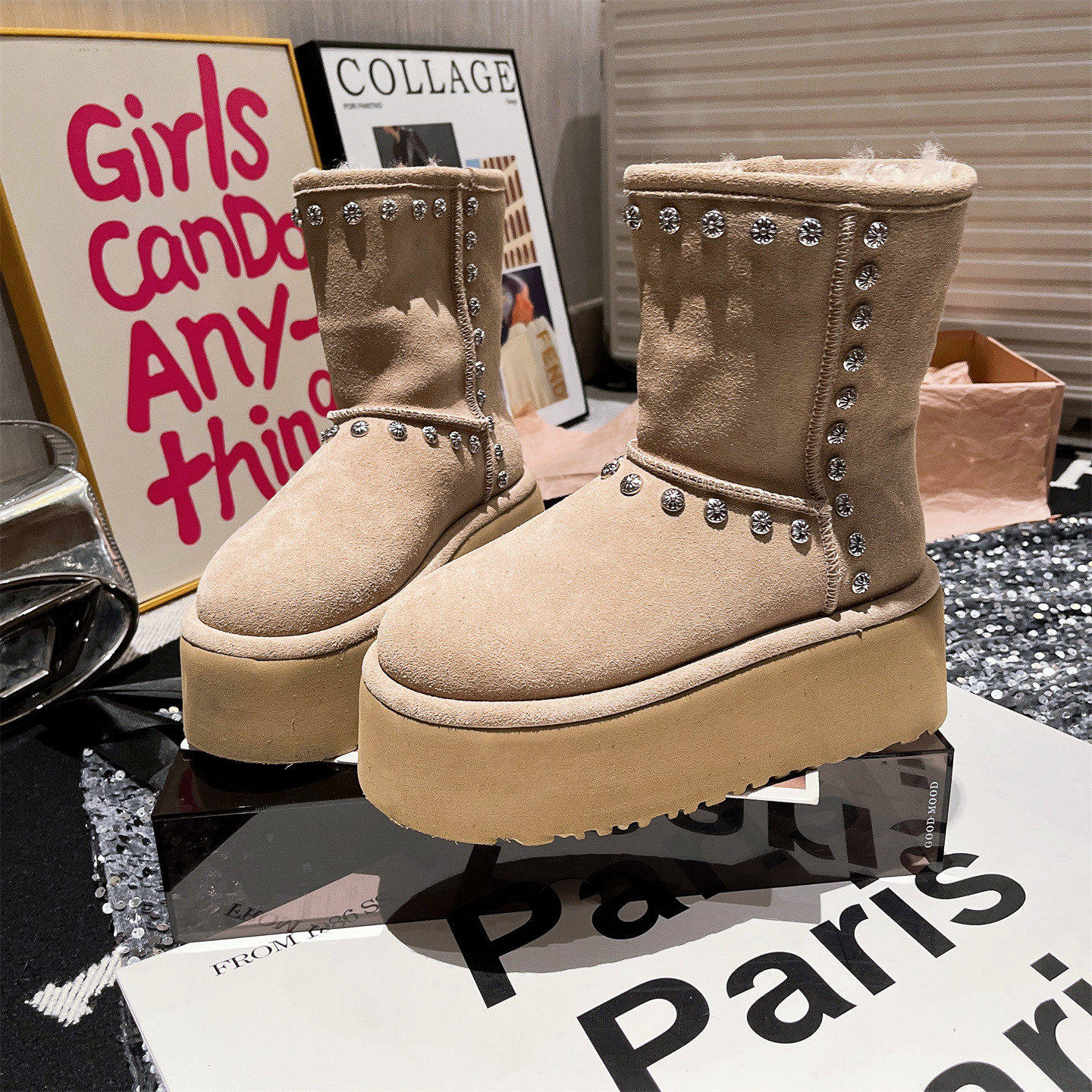 小众款复古水钻毛毛鞋翻领两穿小个子冬季雪地棉靴厚底勃肯靴女鞋,淘宝优惠券,粉丝福利购,淘宝优惠卷