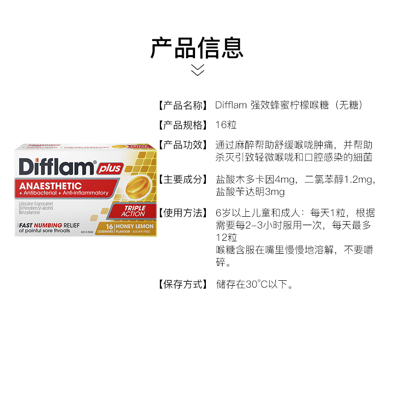 Difflam强效咽炎润喉糖薄荷糖消炎止痛扁桃体炎润喉片含片16粒*2 - 图3