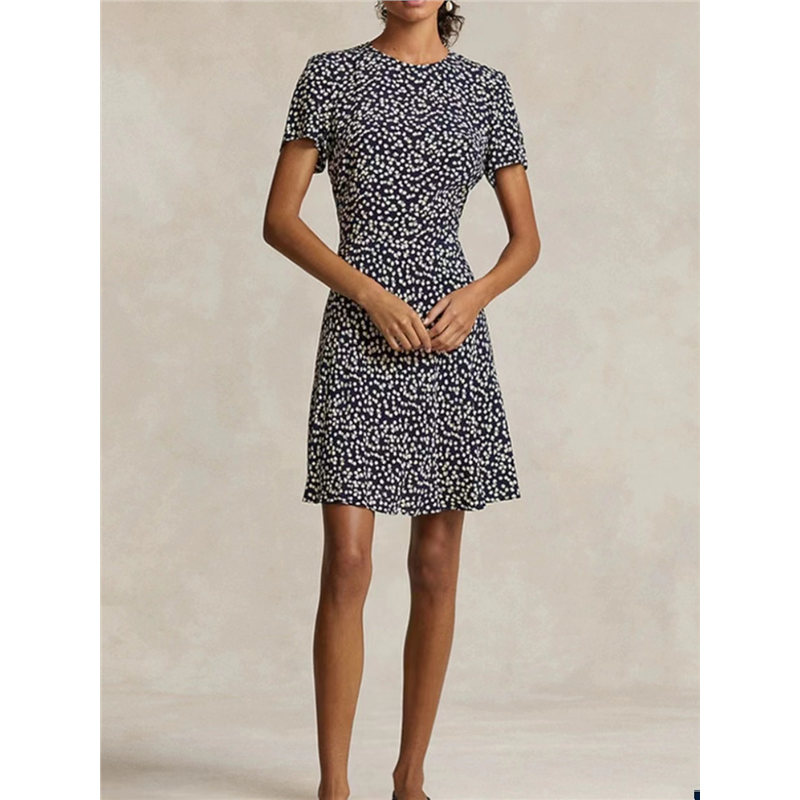 【现货】Rouje Life法式小众复古蓝白碎花修身收腰圆领短款连衣裙 - 图0