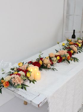 节庆装饰布置仿真花艺长桌花拖尾花宴会西餐生日派对婚礼订婚结婚