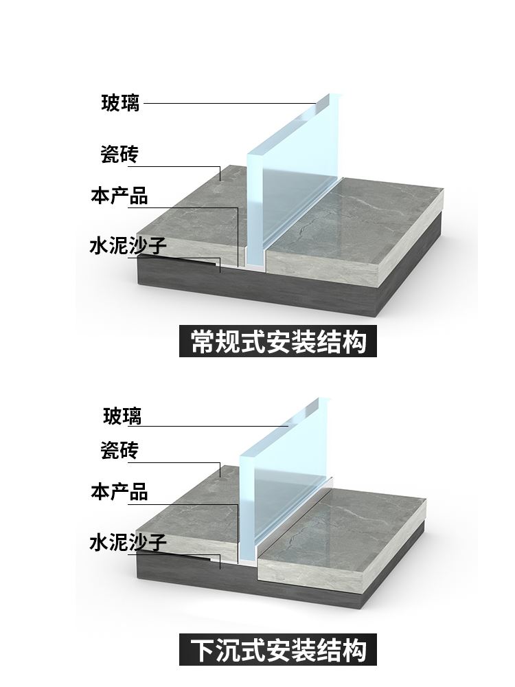 不锈钢F型玻璃卡槽下沉式淋浴房预埋U型瓷砖收口条卫生间隐藏隔断-图2