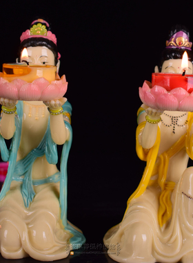 侍女仙女酥油灯座蜡烛灯架佛前贡具长明灯烛台供佛供神莲花灯树脂