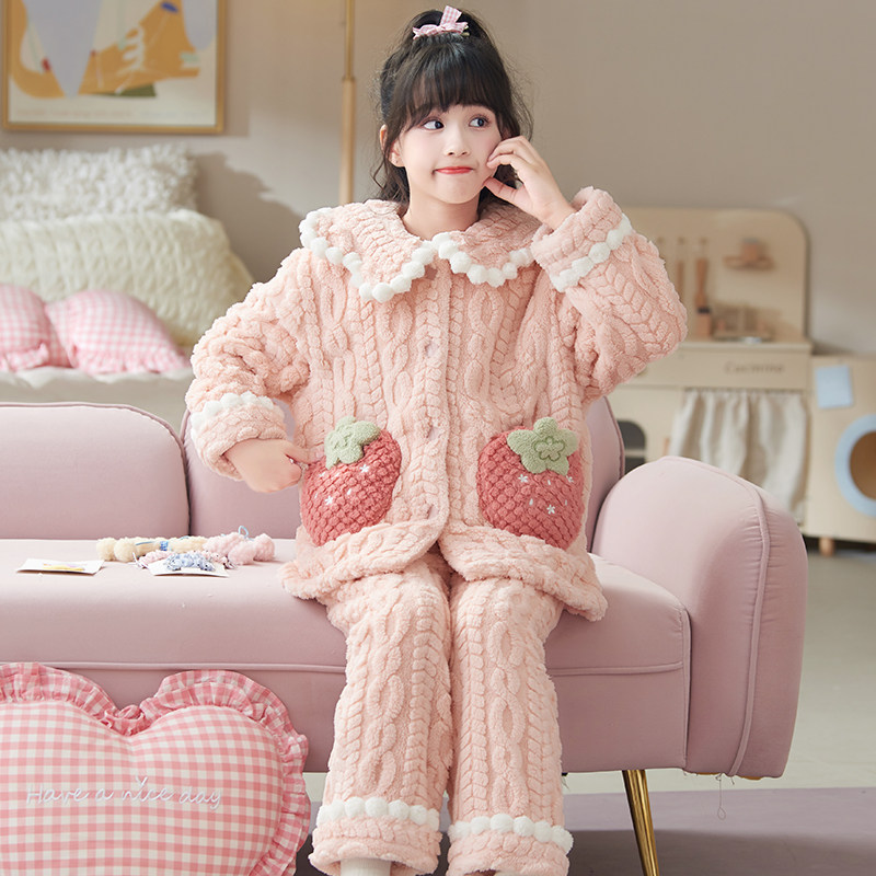 女童秋冬加绒法兰绒保暖睡衣套装
