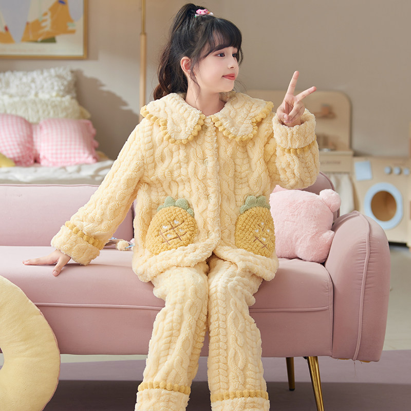 女童秋冬加绒法兰绒保暖睡衣套装