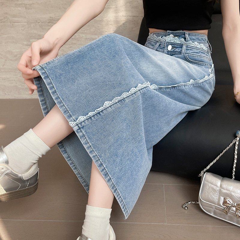 复古蕾丝花边拼接开叉牛仔半身裙女2025春夏小个子高腰显瘦直筒裙,淘宝优惠券,粉丝福利购,淘宝优惠卷