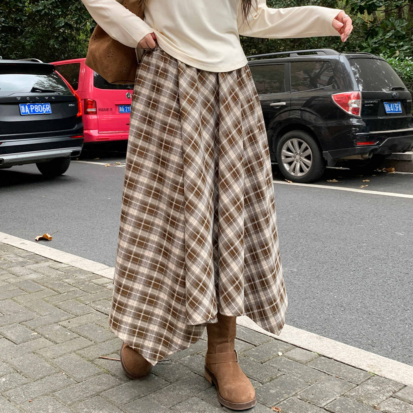 YUZI鱼子咖色格纹半身裙长款英伦复古不规则百搭遮肉显瘦大码女装,淘宝优惠券,粉丝福利购,淘宝优惠卷