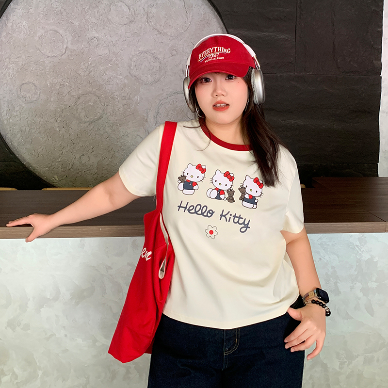 YUZI鱼子KT猫印花短款T恤大码女装夏微胖mm显瘦遮肉200斤俏皮减龄