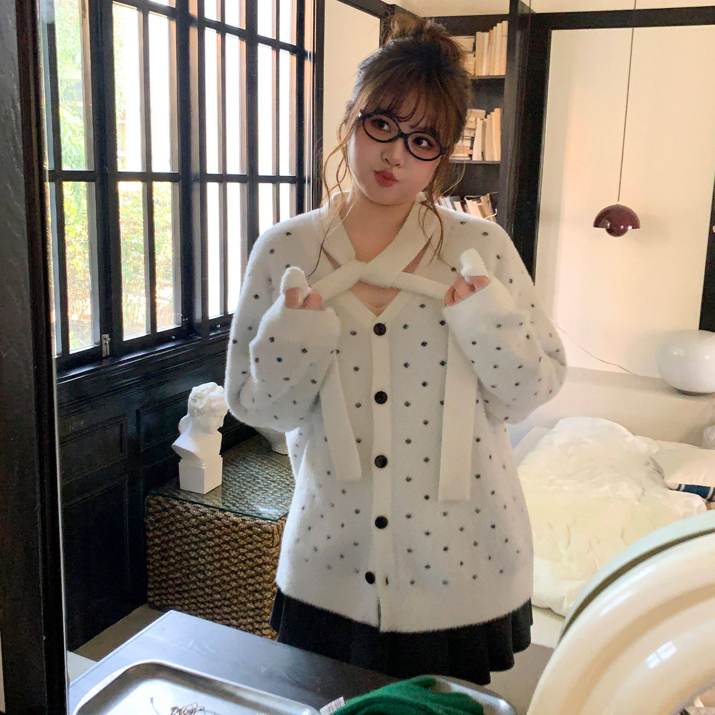 YUZI 鱼子波点开衫毛衣韩系仿貂毛领口系带气质宽松显瘦大码女装,淘宝优惠券,粉丝福利购,淘宝优惠卷