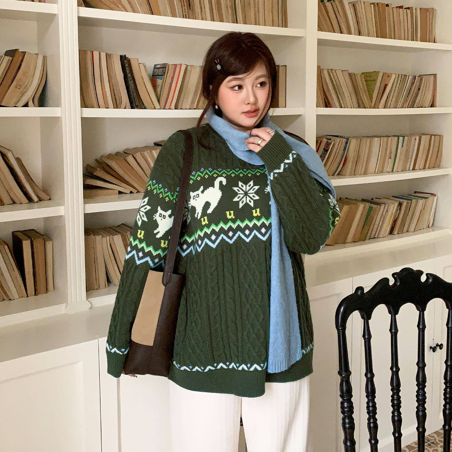 YUZI鱼子复古橄榄绿费尔岛针织毛衣慵懒氛围感宽松针织衫大码女装,淘宝优惠券,粉丝福利购,淘宝优惠卷