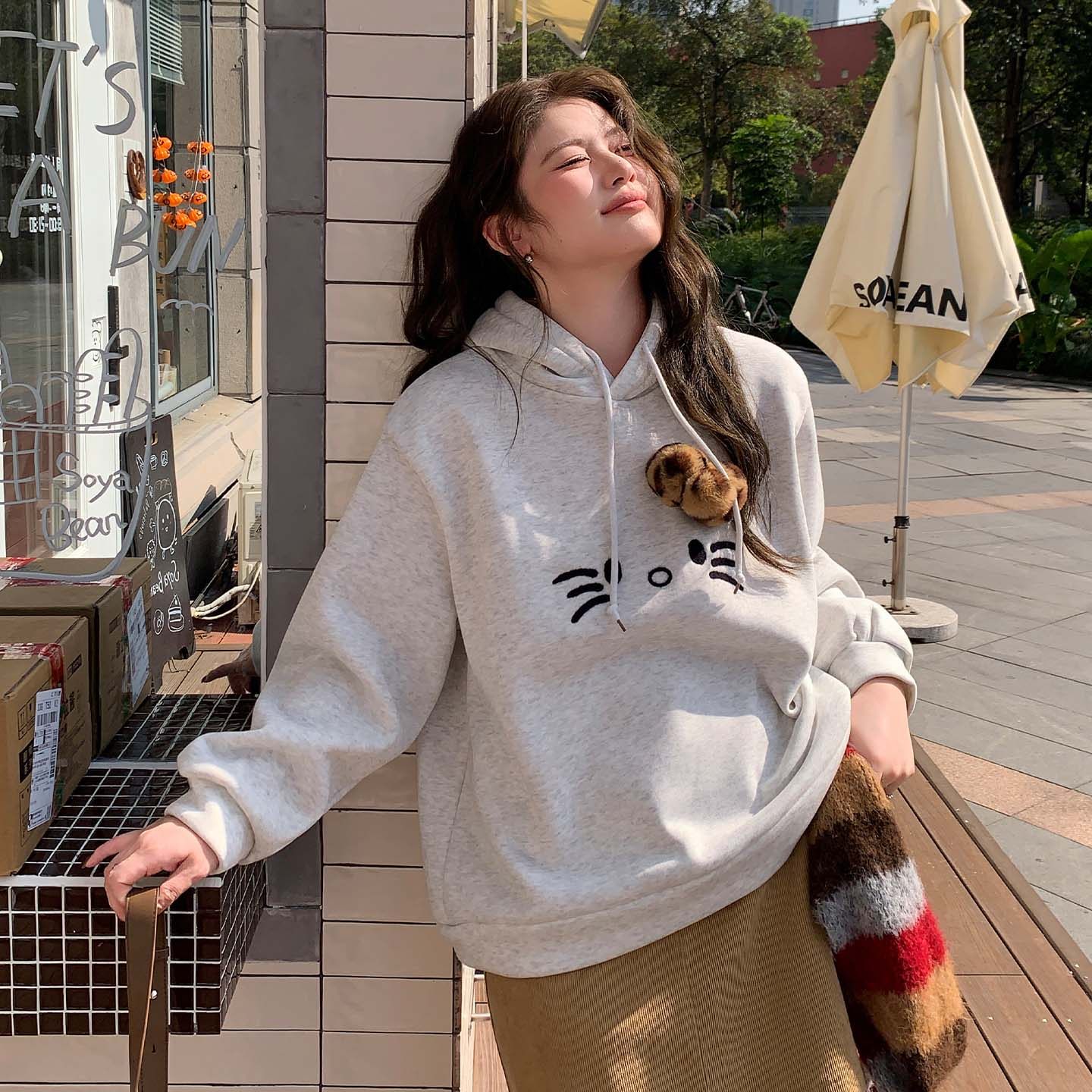 YUZI加绒豹纹猫咪卫衣连帽童趣可爱灰色宽松落肩秋冬上衣大码女装,淘宝优惠券,粉丝福利购,淘宝优惠卷