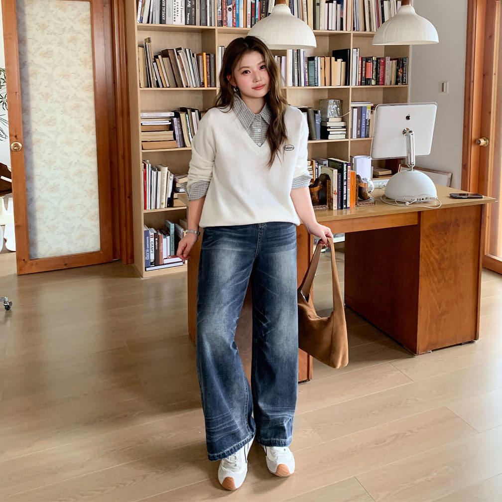 YUZI鱼子后松紧阔腿牛仔裤特大码女装高腰拖地水洗做旧复古胖mm,淘宝优惠券,粉丝福利购,淘宝优惠卷