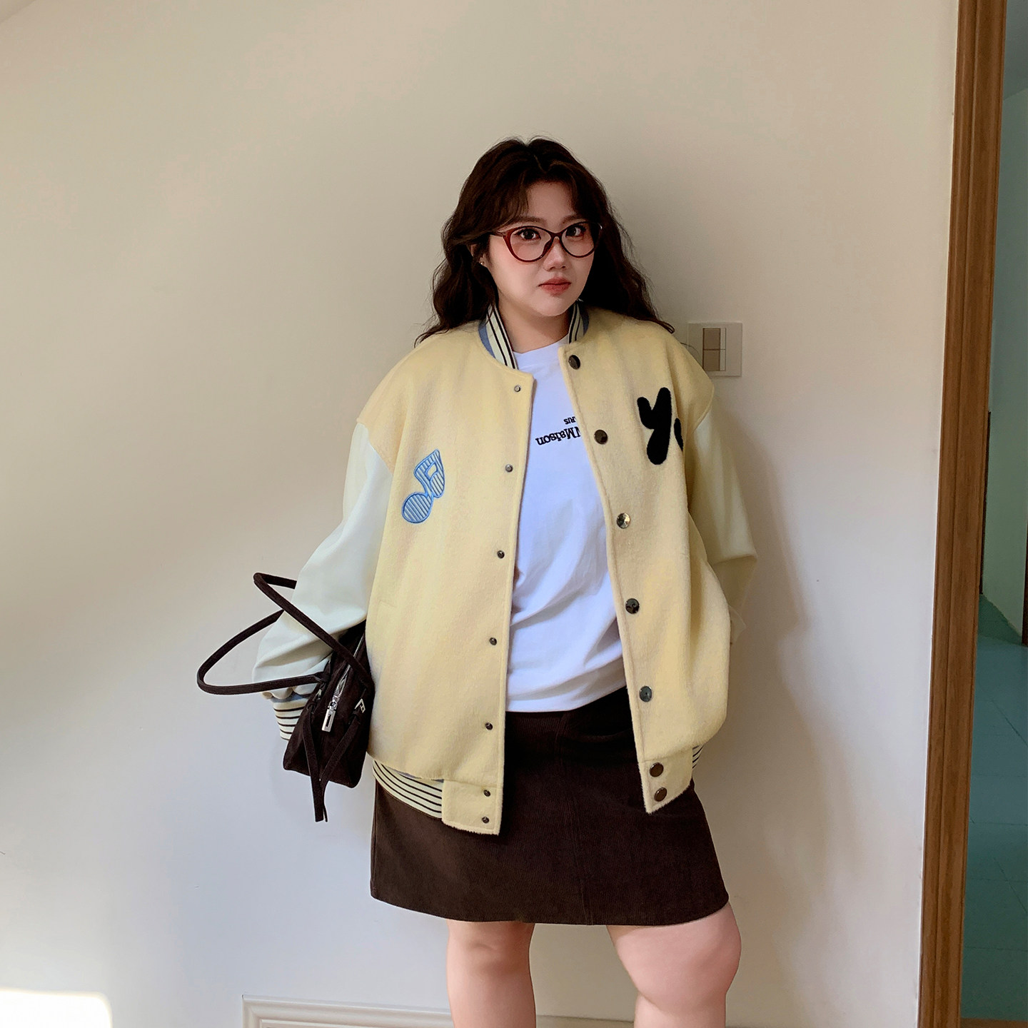 YUZI鱼子加厚棒球服外套特大码女装羊毛呢拼接蛋白皮复古秋冬胖mm,淘宝优惠券,粉丝福利购,淘宝优惠卷