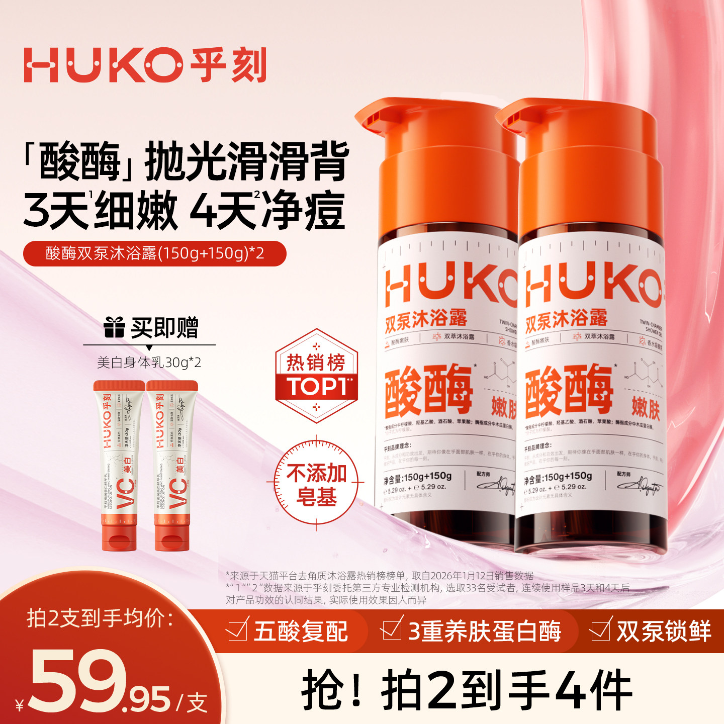 乎刻酸酶双管沐浴露祛痘去角质果酸嫩肤改善鸡皮前胸后背全身除螨