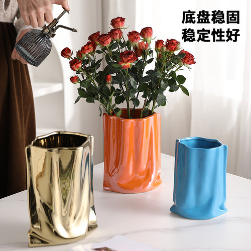 轻奢摆件简约现代陶瓷褶皱电镀银色花瓶仿真干花客厅插花装饰摆件 - 图0