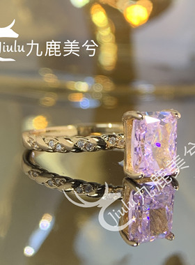 培育冰花切2克拉雷迪恩樱花粉戒指厚镀18K金镶嵌6*8长方钻戒彩宝