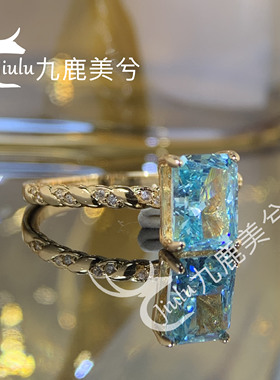 培育冰花切2克拉雷迪恩湖水蓝戒指厚镀18K金镶嵌6*8长方钻戒彩宝