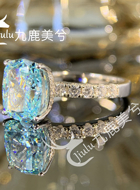 4.5克拉培育高碳钻冰花切 浅海蓝 精工厚镀18K白金戒指8*10肥长方