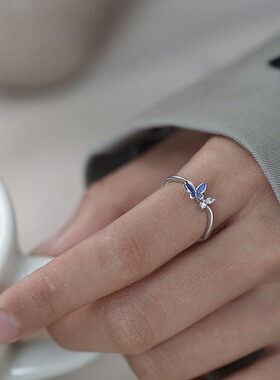 闪钻蓝色蝴蝶戒指ins冷淡风网红戒子庄周梦蝶创意个性开口指环女