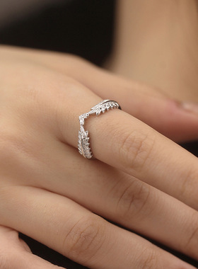 麦穗爱心锆石戒指轻奢风橄榄枝树叶食指指环精致感闪耀心形开口戒