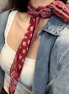 复古经典红色腰果花纹菱形三角巾丝巾女叠穿腰带方巾绑发头巾发带