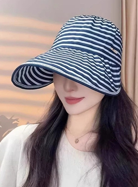 韩系ins条纹可挂口罩渔夫帽子女春夏大檐遮阳防晒帽显脸小鸭舌帽