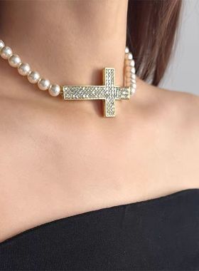 珍珠满钻十字架项链女颈链chocker配饰高级感轻奢小众锁骨链饰品