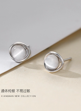 FEEINS「湖畔微光」猫眼石耳钉女纯银耳钉小巧精致法式耳环