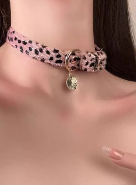 豹纹项链choker甜酷辣妹y2k朋克风饰品皮带扣毛衣链颈链小众项圈